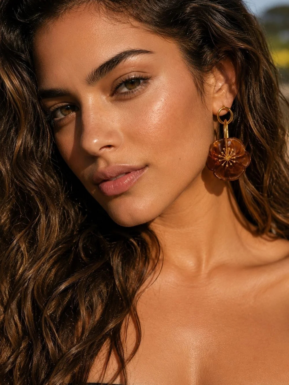 Amber Flower Drop Earrings with Gold Accents